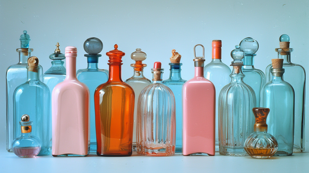 A group of different colored bottles of various shapes and sizes are arranged on a table. The bottles include a pink one with a gold top, a blue one with a gold top, a red one with a cork stopper, and others with unique features. Some bottles have cork stoppers, while others have gold tops. The colors of the bottles range from pink and blue to red, creating a vibrant display. The background is a soft blue, enhancing the colorful bottles'' appearance. This collection showcases a variety of glass bottles, each with its own distinct characteristics, making for a visually appealing and diverse arrangement.