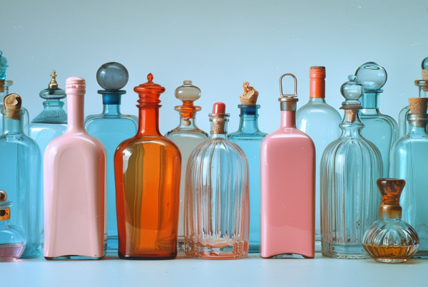 A group of different colored bottles of various shapes and sizes are arranged on a table. The bottles include a pink one with a gold top, a blue one with a gold top, a red one with a cork stopper, and others with unique features. Some bottles have cork stoppers, while others have gold tops. The colors of the bottles range from pink and blue to red, creating a vibrant display. The background is a soft blue, enhancing the colorful bottles'' appearance. This collection showcases a variety of glass bottles, each with its own distinct characteristics, making for a visually appealing and diverse arrangement.