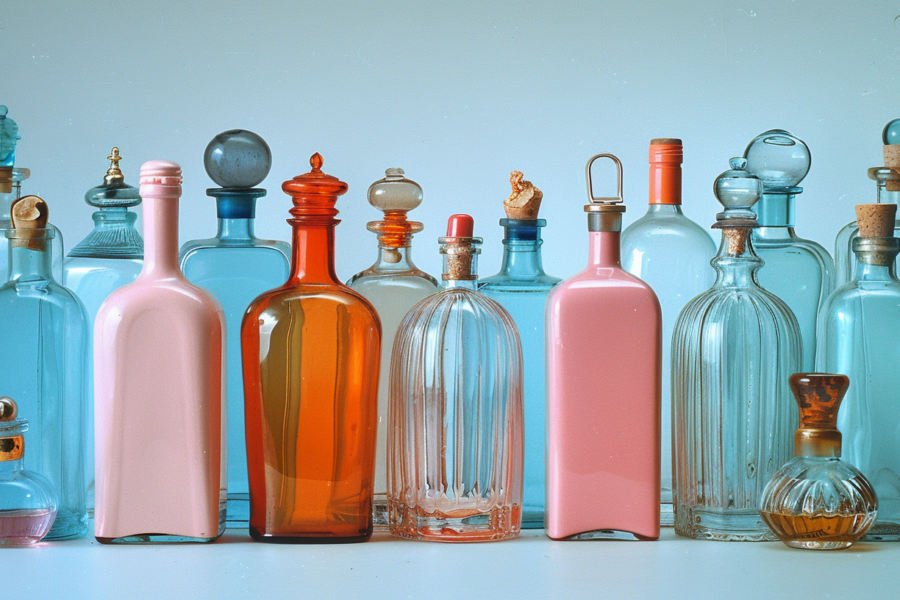 A group of different colored bottles of various shapes and sizes are arranged on a table. The bottles include a pink one with a gold top, a blue one with a gold top, a red one with a cork stopper, and others with unique features. Some bottles have cork stoppers, while others have gold tops. The colors of the bottles range from pink and blue to red, creating a vibrant display. The background is a soft blue, enhancing the colorful bottles'' appearance. This collection showcases a variety of glass bottles, each with its own distinct characteristics, making for a visually appealing and diverse arrangement.