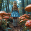 A woman is standing in a forest of mushrooms, wearing a beautiful blue dress. She is the focus of the image, with her long hair flowing down her back. The forest around her is filled with various types of mushrooms, creating a magical and whimsical atmosphere. The woman''s posture suggests she is exploring or admiring the unique surroundings. She is wearing white socks and shoes, adding a touch of innocence to her appearance. The color palette of the scene is earthy and natural, with shades of brown, green, and blue dominating the image.