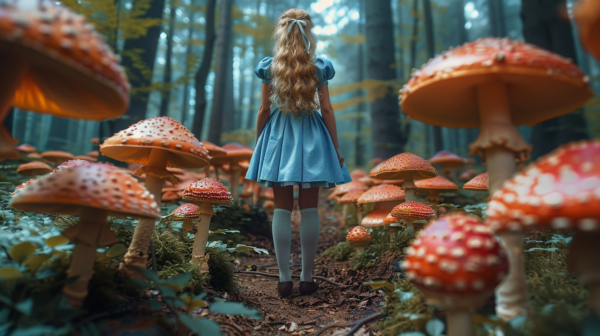 A woman is standing in a forest of mushrooms, wearing a beautiful blue dress. She is the focus of the image, with her long hair flowing down her back. The forest around her is filled with various types of mushrooms, creating a magical and whimsical atmosphere. The woman''s posture suggests she is exploring or admiring the unique surroundings. She is wearing white socks and shoes, adding a touch of innocence to her appearance. The color palette of the scene is earthy and natural, with shades of brown, green, and blue dominating the image.