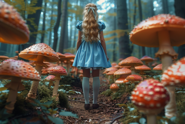 A woman is standing in a forest of mushrooms, wearing a beautiful blue dress. She is the focus of the image, with her long hair flowing down her back. The forest around her is filled with various types of mushrooms, creating a magical and whimsical atmosphere. The woman''s posture suggests she is exploring or admiring the unique surroundings. She is wearing white socks and shoes, adding a touch of innocence to her appearance. The color palette of the scene is earthy and natural, with shades of brown, green, and blue dominating the image.