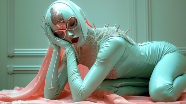 A woman is shown laying on a pink sheet, wearing a striking silver bodysuit. The bodysuit sparkles under the light, emphasizing the sleek silhouette of the woman''s figure. She has pink hair that stands out against the silver outfit. The woman''s lips are painted a bold red, adding a pop of color to the overall look. The setting appears to be a bedroom, with a bed visible in the background. The image exudes a sense of glamour and sophistication, with the woman embodying confidence and style.