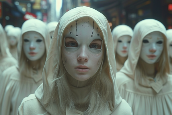 In this image, we see a group of people wearing white masks on their faces. The individuals are dressed in various outfits, and some are also wearing hoods. The scene appears to be eerie and mysterious, with a sense of anonymity and concealment. The group is gathered together in what seems to be a public space, each person standing at different distances from each other. The masks cover their facial features, creating a sense of uniformity and intrigue. The overall atmosphere is one of secrecy and perhaps even a hint of danger.