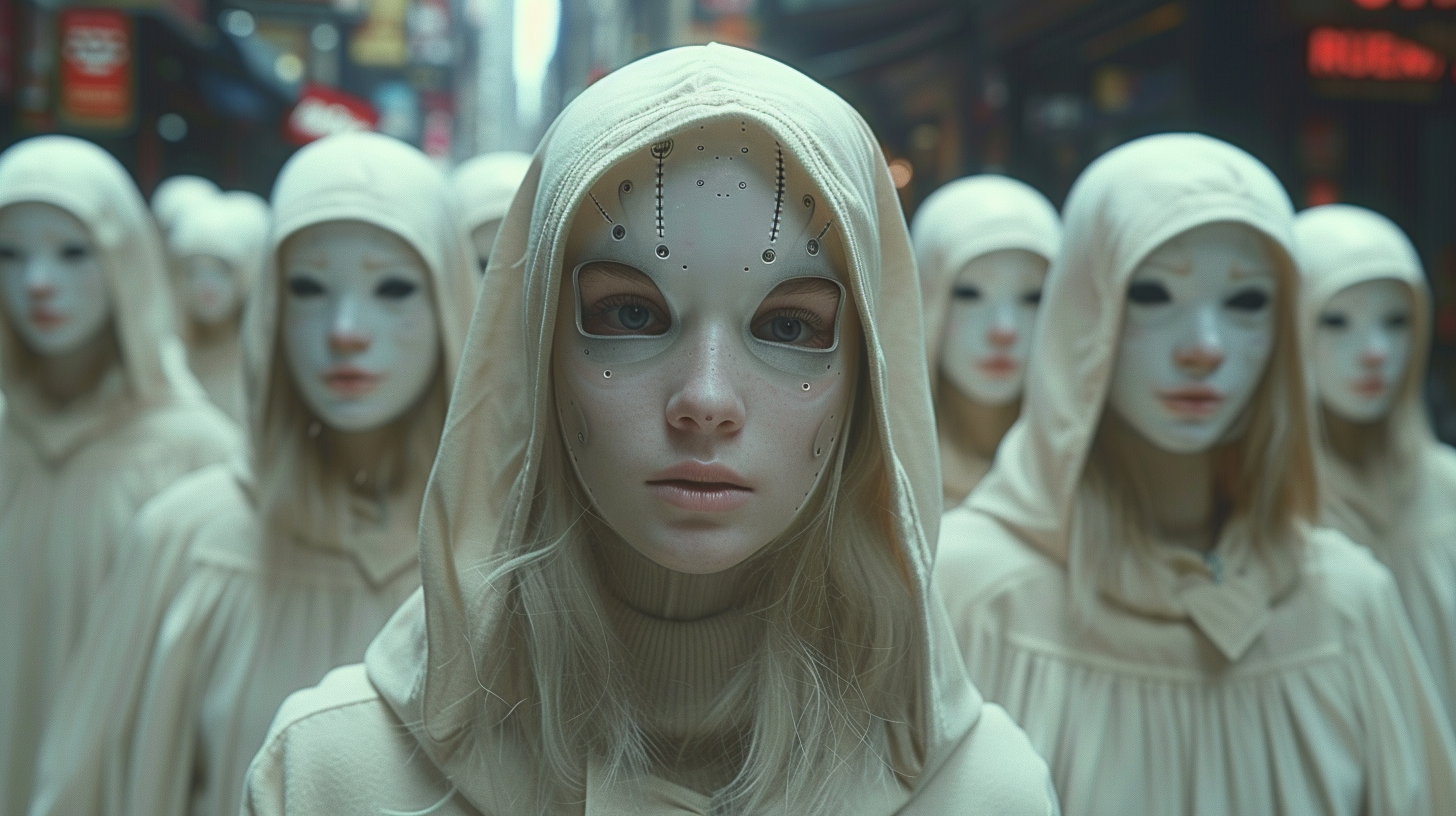 In this image, we see a group of people wearing white masks on their faces. The individuals are dressed in various outfits, and some are also wearing hoods. The scene appears to be eerie and mysterious, with a sense of anonymity and concealment. The group is gathered together in what seems to be a public space, each person standing at different distances from each other. The masks cover their facial features, creating a sense of uniformity and intrigue. The overall atmosphere is one of secrecy and perhaps even a hint of danger.