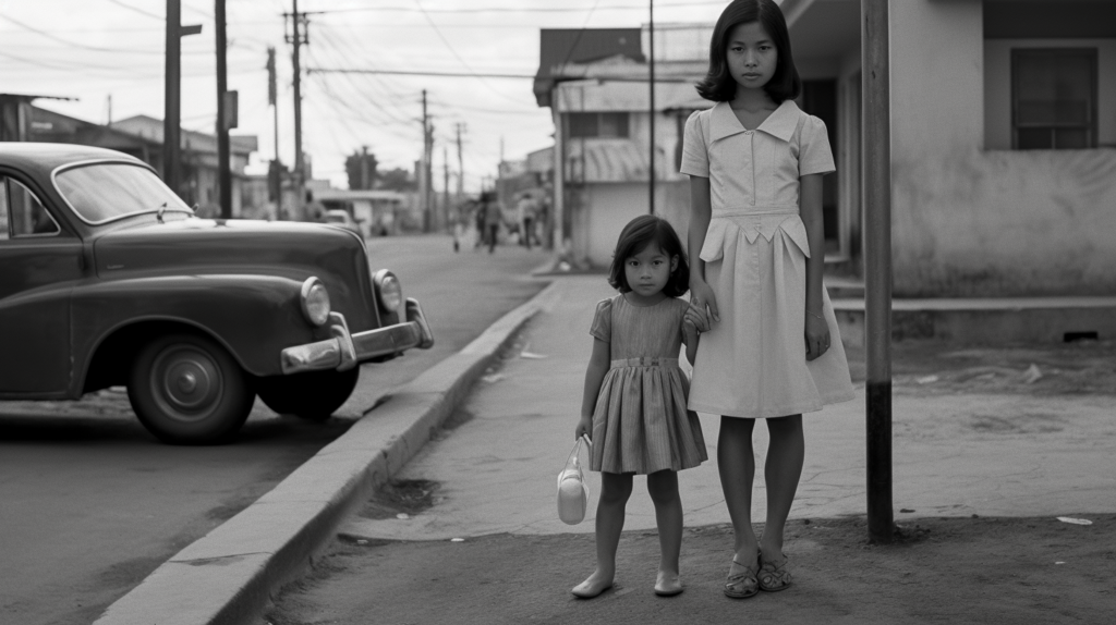 A black and white photo showing a woman and a little girl standing on a sidewalk. The woman is wearing sandals, and the little girl is wearing slippers. The sidewalk is next to a road where a car is parked. The woman is carrying a handbag/satchel. The little girl is wearing a white dress, while the woman is wearing a black dress. Both of them have their hands by their sides. The background is simple, with no other people or objects visible. The image has a vintage feel to it, with a soft contrast and classic composition.