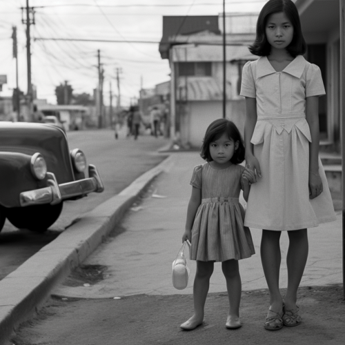 A black and white photo showing a woman and a little girl standing on a sidewalk. The woman is wearing sandals, and the little girl is wearing slippers. The sidewalk is next to a road where a car is parked. The woman is carrying a handbag/satchel. The little girl is wearing a white dress, while the woman is wearing a black dress. Both of them have their hands by their sides. The background is simple, with no other people or objects visible. The image has a vintage feel to it, with a soft contrast and classic composition.