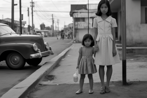 A black and white photo showing a woman and a little girl standing on a sidewalk. The woman is wearing sandals, and the little girl is wearing slippers. The sidewalk is next to a road where a car is parked. The woman is carrying a handbag/satchel. The little girl is wearing a white dress, while the woman is wearing a black dress. Both of them have their hands by their sides. The background is simple, with no other people or objects visible. The image has a vintage feel to it, with a soft contrast and classic composition.