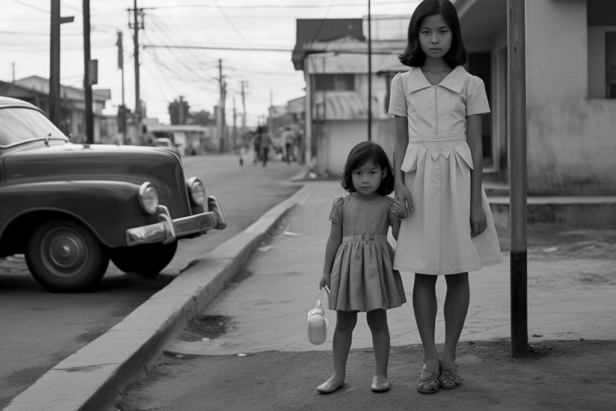 A black and white photo showing a woman and a little girl standing on a sidewalk. The woman is wearing sandals, and the little girl is wearing slippers. The sidewalk is next to a road where a car is parked. The woman is carrying a handbag/satchel. The little girl is wearing a white dress, while the woman is wearing a black dress. Both of them have their hands by their sides. The background is simple, with no other people or objects visible. The image has a vintage feel to it, with a soft contrast and classic composition.