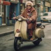 In this image, we see a woman riding a moped down a city street. The woman is wearing a brown coat and a hat, and she has a scarf around her neck. She is confidently navigating the street on her beige scooter. In the background, there is a man walking with a red umbrella. The street is lined with buildings, cars, and a van. The scene captures urban life with its hustle and bustle. The colors in the image are primarily earth tones, adding to the cityscape aesthetic. This image conveys a sense of movement and activity in an urban setting.