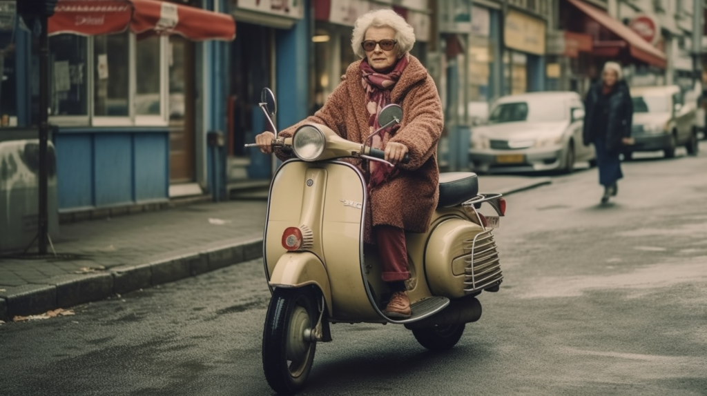 In this image, we see a woman riding a moped down a city street. The woman is wearing a brown coat and a hat, and she has a scarf around her neck. She is confidently navigating the street on her beige scooter. In the background, there is a man walking with a red umbrella. The street is lined with buildings, cars, and a van. The scene captures urban life with its hustle and bustle. The colors in the image are primarily earth tones, adding to the cityscape aesthetic. This image conveys a sense of movement and activity in an urban setting.