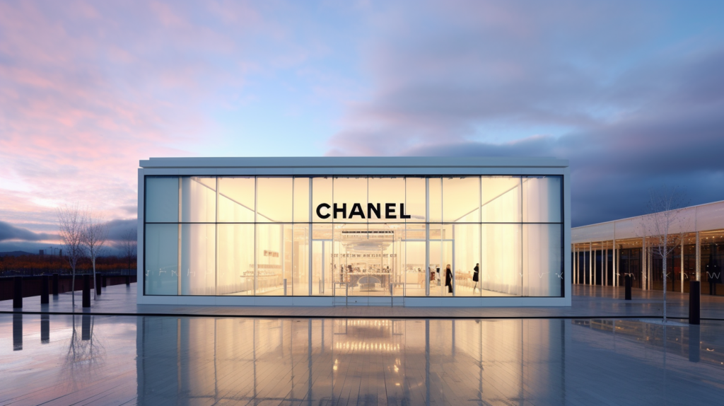 A building with a Chanel sign on it is captured in this image. The building is a Chanel store, as indicated by the prominent Chanel logo displayed on its exterior. The reflection of the building can be seen in the floor, adding a unique perspective to the scene. In the background, a clear blue sky contrasts with the building''s elegant design. Additionally, several people are present in the image, with one person appearing to be holding a skateboard. A trash bin can also be spotted nearby. Overall, the image captures the essence of a luxury Chanel storefront in an urban setting.