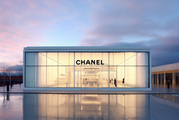 A building with a Chanel sign on it is captured in this image. The building is a Chanel store, as indicated by the prominent Chanel logo displayed on its exterior. The reflection of the building can be seen in the floor, adding a unique perspective to the scene. In the background, a clear blue sky contrasts with the building''s elegant design. Additionally, several people are present in the image, with one person appearing to be holding a skateboard. A trash bin can also be spotted nearby. Overall, the image captures the essence of a luxury Chanel storefront in an urban setting.