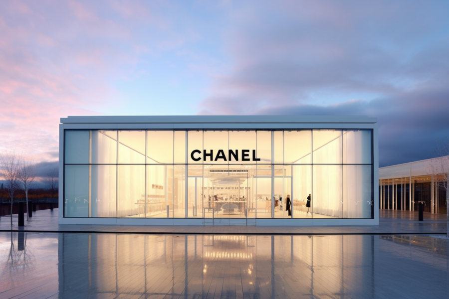 A building with a Chanel sign on it is captured in this image. The building is a Chanel store, as indicated by the prominent Chanel logo displayed on its exterior. The reflection of the building can be seen in the floor, adding a unique perspective to the scene. In the background, a clear blue sky contrasts with the building''s elegant design. Additionally, several people are present in the image, with one person appearing to be holding a skateboard. A trash bin can also be spotted nearby. Overall, the image captures the essence of a luxury Chanel storefront in an urban setting.
