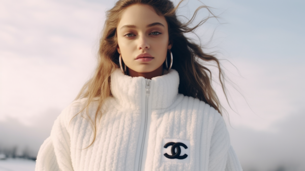In this image, we see a stylish woman wearing a white jacket and large hoop earrings. She exudes confidence and elegance with her fashion choices. The white jacket complements her skin tone beautifully, and the hoop earrings add a trendy touch to her overall look. Her hair is long and flowing, adding to the sense of sophistication. The woman''s outfit is perfect for a fashionable outing or event. The color palette of the image is primarily soft whites and browns, creating a chic and polished aesthetic. This image captures a modern and fashionable woman at her best.