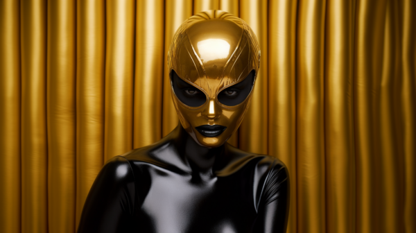 A woman in a shiny black and gold costume stands confidently in the center of the image. Her outfit gleams with metallic gold accents against a sleek black base. The costume is elaborate, covering her from head to toe, and includes a striking black mask that adds an air of mystery to her appearance. The woman has a strong presence, exuding elegance and power. The background is a deep gold hue, emphasizing the opulence of her attire. Her face is partially visible, showcasing her features and adding to the allure of the overall look.