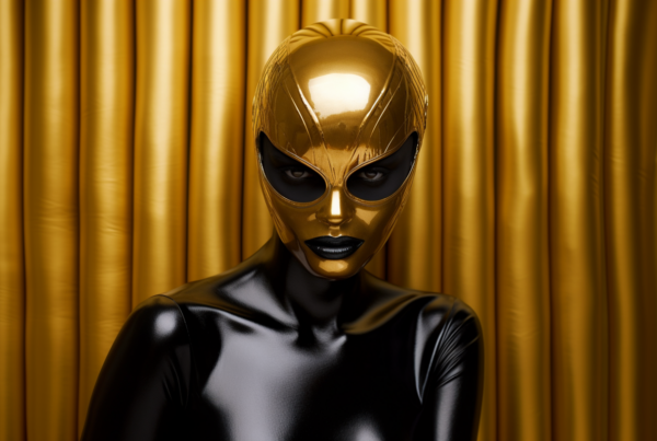 A woman in a shiny black and gold costume stands confidently in the center of the image. Her outfit gleams with metallic gold accents against a sleek black base. The costume is elaborate, covering her from head to toe, and includes a striking black mask that adds an air of mystery to her appearance. The woman has a strong presence, exuding elegance and power. The background is a deep gold hue, emphasizing the opulence of her attire. Her face is partially visible, showcasing her features and adding to the allure of the overall look.