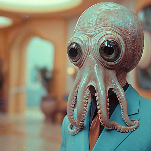 In this image, we see a man wearing a suit and a giant octopus mask. The man is standing in a hallway, with a blue hydrant and a pipe visible in the background. The suit the man is wearing is a dark color, possibly black or navy blue. The octopus mask is detailed, with tentacles extending outwards. The man''s posture suggests he is standing confidently. The colors in the image are primarily shades of green and blue, creating a cool and mysterious atmosphere. The man appears to be in a costume or attending a themed event.