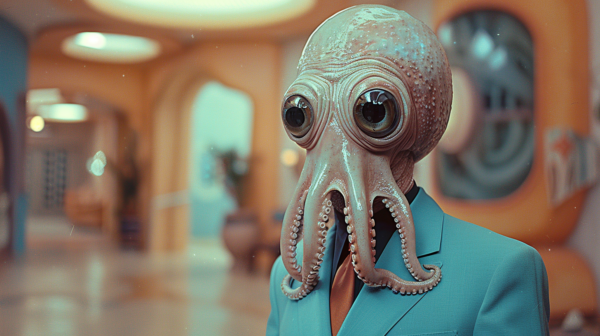 In this image, we see a man wearing a suit and a giant octopus mask. The man is standing in a hallway, with a blue hydrant and a pipe visible in the background. The suit the man is wearing is a dark color, possibly black or navy blue. The octopus mask is detailed, with tentacles extending outwards. The man''s posture suggests he is standing confidently. The colors in the image are primarily shades of green and blue, creating a cool and mysterious atmosphere. The man appears to be in a costume or attending a themed event.