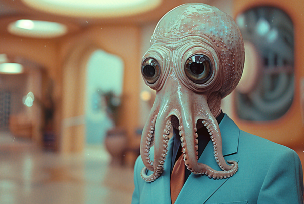 In this image, we see a man wearing a suit and a giant octopus mask. The man is standing in a hallway, with a blue hydrant and a pipe visible in the background. The suit the man is wearing is a dark color, possibly black or navy blue. The octopus mask is detailed, with tentacles extending outwards. The man''s posture suggests he is standing confidently. The colors in the image are primarily shades of green and blue, creating a cool and mysterious atmosphere. The man appears to be in a costume or attending a themed event.