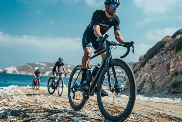 A group of people is seen riding bicycles on a rocky road. In the foreground, a man in a black jersey and sunglasses is riding a bike, with another person riding a bike beside him. The rocky terrain adds a challenging element to their ride. The man in the black jersey is wearing a helmet and sneakers, while the other person is also wearing a helmet. In the background, more cyclists can be seen riding along the rugged road. The scene appears to be taking place on a beach, with the ocean visible in the distance.