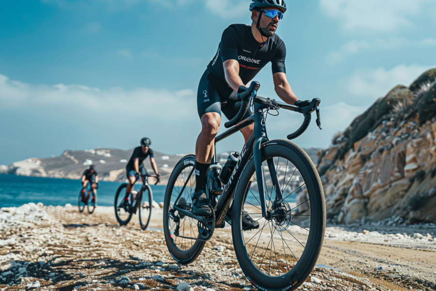 A group of people is seen riding bicycles on a rocky road. In the foreground, a man in a black jersey and sunglasses is riding a bike, with another person riding a bike beside him. The rocky terrain adds a challenging element to their ride. The man in the black jersey is wearing a helmet and sneakers, while the other person is also wearing a helmet. In the background, more cyclists can be seen riding along the rugged road. The scene appears to be taking place on a beach, with the ocean visible in the distance.