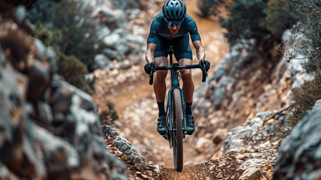 A man is energetically riding a mountain bike down a rocky trail in a mountainous area. He is wearing a helmet, gloves, sneakers, and glasses, showing a strong focus on safety and comfort. The man''s blue shirt and the dirt road create a contrast against the natural surroundings. The bike itself is sturdy and well-equipped for the rough terrain. The scene captures the thrill and adventure of mountain biking, with the rider skillfully navigating the challenging trail. This image exudes a sense of freedom, exploration, and physical activity in the great outdoors.