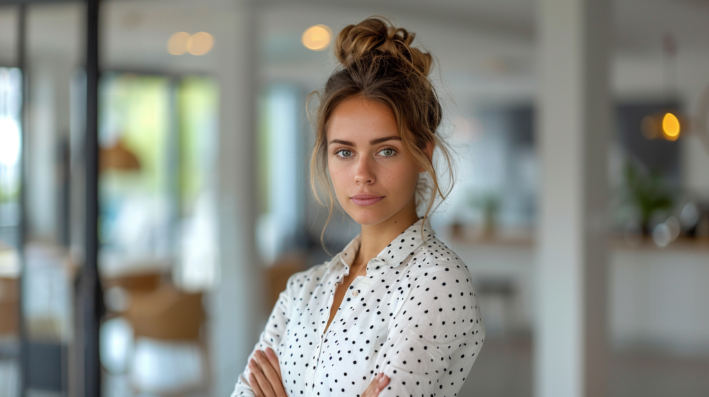 In this image, we see a woman standing in front of a window. She is wearing a white shirt and has her hair styled in a messy bun. The woman is standing with her arms crossed, in a confident pose. The colors in the image are primarily shades of gray and blue, with accents of dark brown. The woman appears to be in her mid-twenties, and is clearly the main focus of the image. The setting suggests a casual environment, possibly a home or office space. Overall, the image conveys a sense of simplicity and elegance