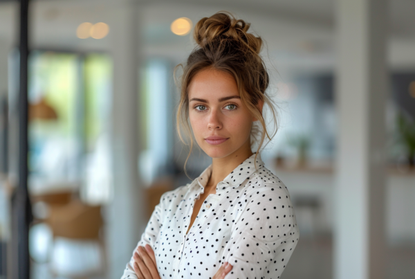 In this image, we see a woman standing in front of a window. She is wearing a white shirt and has her hair styled in a messy bun. The woman is standing with her arms crossed, in a confident pose. The colors in the image are primarily shades of gray and blue, with accents of dark brown. The woman appears to be in her mid-twenties, and is clearly the main focus of the image. The setting suggests a casual environment, possibly a home or office space. Overall, the image conveys a sense of simplicity and elegance