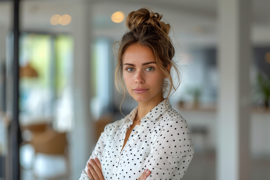 In this image, we see a woman standing in front of a window. She is wearing a white shirt and has her hair styled in a messy bun. The woman is standing with her arms crossed, in a confident pose. The colors in the image are primarily shades of gray and blue, with accents of dark brown. The woman appears to be in her mid-twenties, and is clearly the main focus of the image. The setting suggests a casual environment, possibly a home or office space. Overall, the image conveys a sense of simplicity and elegance