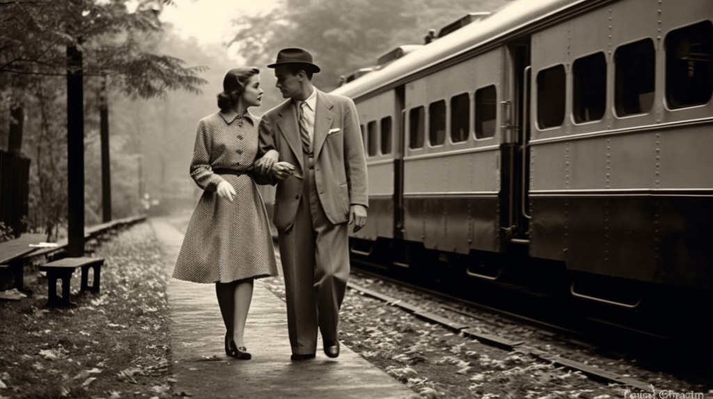 A man and woman are standing next to a train on a train platform. The man is wearing a suit, a hat, and leather shoes. The woman is wearing a coat and high heels. In the background, there is a bench and train tracks. The image is in black and white. The man is walking on the train track in the center of the image. The woman is standing next to him. The scene appears to be from a different era, giving it a vintage feel. The couple seems to be waiting for the train to arrive.