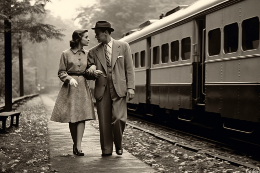 A man and woman are standing next to a train on a train platform. The man is wearing a suit, a hat, and leather shoes. The woman is wearing a coat and high heels. In the background, there is a bench and train tracks. The image is in black and white. The man is walking on the train track in the center of the image. The woman is standing next to him. The scene appears to be from a different era, giving it a vintage feel. The couple seems to be waiting for the train to arrive.