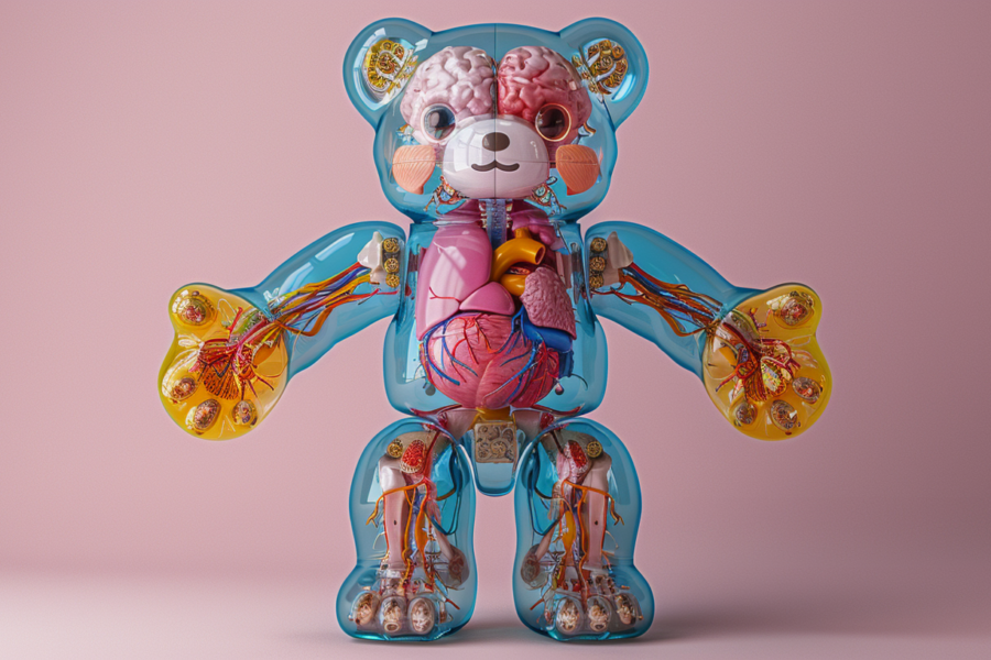 In this image, we see a teddy bear with a heart and lungs inside its body. The teddy bear is surrounded by two kites, one placed on the left side and the other on the right side. The colors in the image are primarily shades of blue, pink, and brown. The teddy bear is the focal point, with intricate details of its heart and lungs visible. The kites add a whimsical touch to the composition. Overall, this image showcases a unique and creative depiction of anatomy within a soft toy.