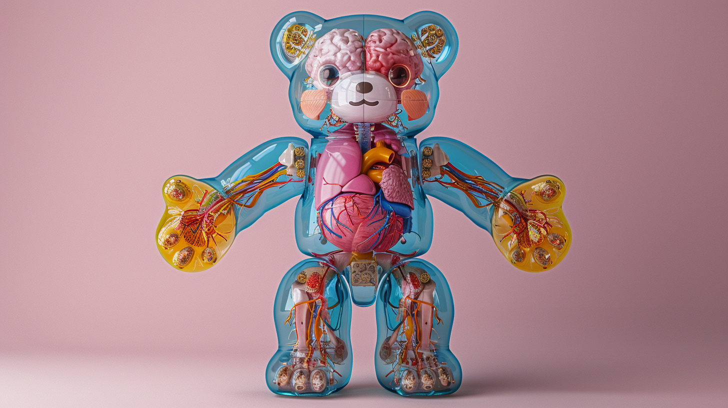 In this image, we see a teddy bear with a heart and lungs inside its body. The teddy bear is surrounded by two kites, one placed on the left side and the other on the right side. The colors in the image are primarily shades of blue, pink, and brown. The teddy bear is the focal point, with intricate details of its heart and lungs visible. The kites add a whimsical touch to the composition. Overall, this image showcases a unique and creative depiction of anatomy within a soft toy.