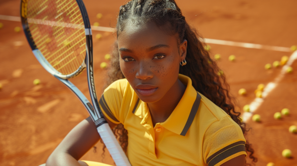 A woman is standing on a tennis court, holding a tennis racket in her hand. She has a focused expression on her face, showcasing her intense concentration. The woman appears to be in her early twenties and has a feminine gender. She is wearing a yellow shirt and has freckles on her face. In the background, there are tennis balls scattered around. The image is vibrant, with colors like brown, green, and yellow dominating the scene. The woman''s position suggests that she is ready to play a game of tennis.