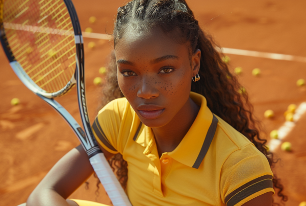 A woman is standing on a tennis court, holding a tennis racket in her hand. She has a focused expression on her face, showcasing her intense concentration. The woman appears to be in her early twenties and has a feminine gender. She is wearing a yellow shirt and has freckles on her face. In the background, there are tennis balls scattered around. The image is vibrant, with colors like brown, green, and yellow dominating the scene. The woman''s position suggests that she is ready to play a game of tennis.