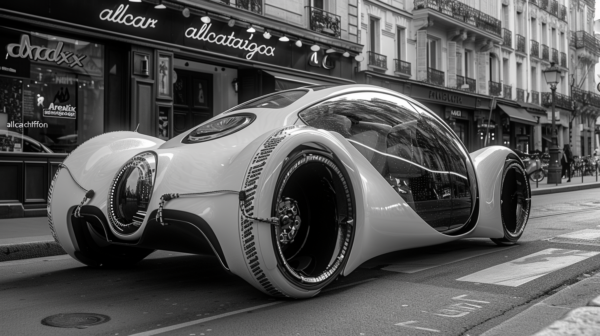 A futuristic sports car, predominantly black with white accents, is parked on the side of a city street. The car has a sleek design and is the focal point of the image. A person can be seen walking on the sidewalk nearby. Street lights illuminate the scene, adding to the futuristic feel. In the background, there is a picture frame hanging on a building. The overall color scheme of the image is black, white, and shades of gray. The setting appears to be modern and urban, with a touch of sophistication.