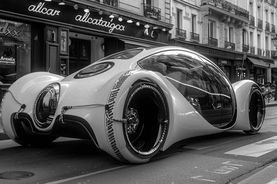 A futuristic sports car, predominantly black with white accents, is parked on the side of a city street. The car has a sleek design and is the focal point of the image. A person can be seen walking on the sidewalk nearby. Street lights illuminate the scene, adding to the futuristic feel. In the background, there is a picture frame hanging on a building. The overall color scheme of the image is black, white, and shades of gray. The setting appears to be modern and urban, with a touch of sophistication.