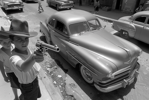 A young boy, approximately 6 years old, is standing outdoors in a black and white photo. He is wearing a cowboy hat and holding a gun in his hand. The background shows a car parked on the side of the road. The boy''s expression is serious as he grips the gun. The image captures a moment of intensity and playfulness, with the contrast of the innocent child in a cowboy hat holding a weapon. The setting suggests a rural or western theme, enhancing the cowboy aesthetic of the boy''s attire.