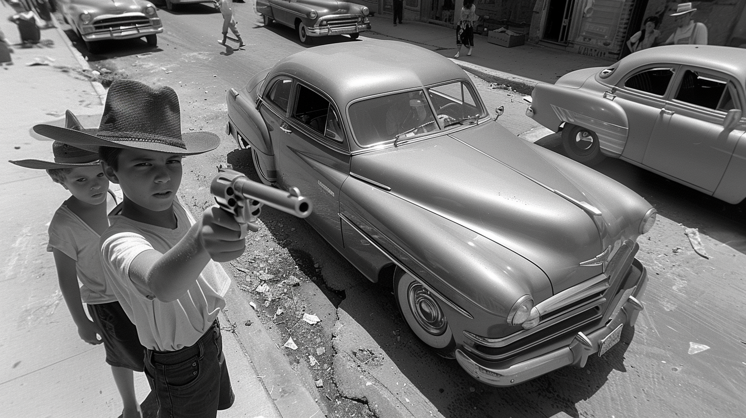 A young boy, approximately 6 years old, is standing outdoors in a black and white photo. He is wearing a cowboy hat and holding a gun in his hand. The background shows a car parked on the side of the road. The boy''s expression is serious as he grips the gun. The image captures a moment of intensity and playfulness, with the contrast of the innocent child in a cowboy hat holding a weapon. The setting suggests a rural or western theme, enhancing the cowboy aesthetic of the boy''s attire.