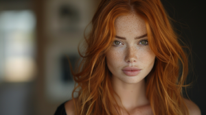A close-up portrait of a young woman with a striking display of freckles on her face and in her hair. The woman has a fair complexion with a prominent sprinkle of freckles on her cheeks, nose, and forehead. Her hair, a mix of red and brown tones, also features freckles scattered throughout, adding to her unique and natural beauty. The image captures her serene expression and showcases her delicate features. The background is blurred, drawing all attention to the woman''s captivating appearance. Overall, a stunning portrayal of natural beauty and individuality.