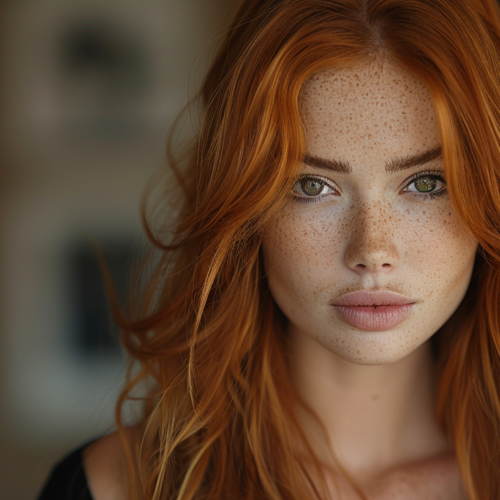 A close-up portrait of a young woman with a striking display of freckles on her face and in her hair. The woman has a fair complexion with a prominent sprinkle of freckles on her cheeks, nose, and forehead. Her hair, a mix of red and brown tones, also features freckles scattered throughout, adding to her unique and natural beauty. The image captures her serene expression and showcases her delicate features. The background is blurred, drawing all attention to the woman''s captivating appearance. Overall, a stunning portrayal of natural beauty and individuality.