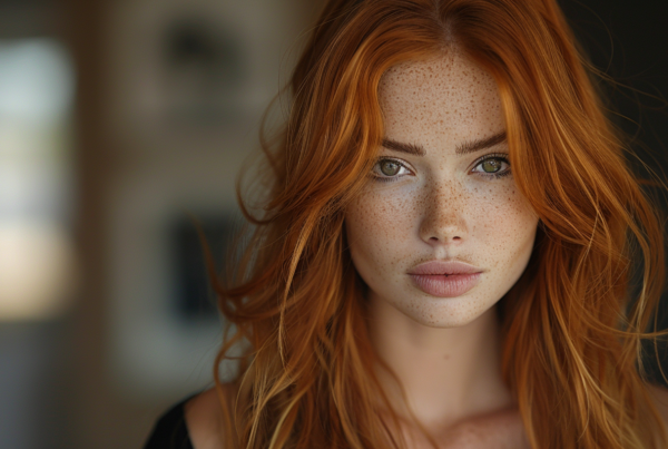 A close-up portrait of a young woman with a striking display of freckles on her face and in her hair. The woman has a fair complexion with a prominent sprinkle of freckles on her cheeks, nose, and forehead. Her hair, a mix of red and brown tones, also features freckles scattered throughout, adding to her unique and natural beauty. The image captures her serene expression and showcases her delicate features. The background is blurred, drawing all attention to the woman''s captivating appearance. Overall, a stunning portrayal of natural beauty and individuality.