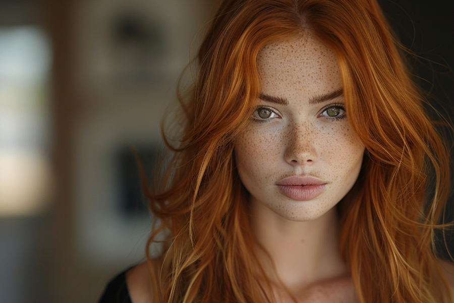 A close-up portrait of a young woman with a striking display of freckles on her face and in her hair. The woman has a fair complexion with a prominent sprinkle of freckles on her cheeks, nose, and forehead. Her hair, a mix of red and brown tones, also features freckles scattered throughout, adding to her unique and natural beauty. The image captures her serene expression and showcases her delicate features. The background is blurred, drawing all attention to the woman''s captivating appearance. Overall, a stunning portrayal of natural beauty and individuality.