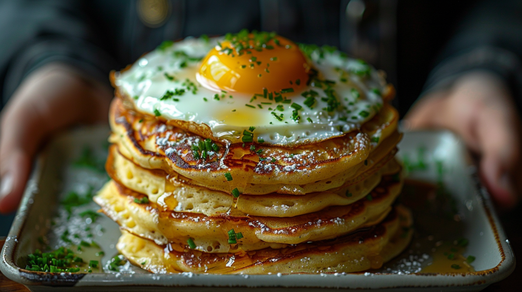 A person is holding a plate with a stack of fluffy pancakes, topped with a sunny-side-up egg. The pancakes are golden brown and look delicious. The person''s hand is visible, holding the plate securely. The background is blurred, focusing all attention on the plate of food. The colors in the image are warm and inviting, with shades of brown, orange, and yellow. The pancakes are piled high, creating a visually appealing presentation. The overall scene evokes a sense of comfort and satisfaction, making the viewer crave a hearty breakfast.