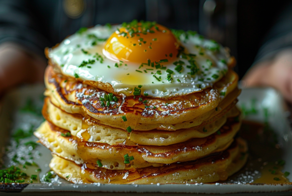 A person is holding a plate with a stack of fluffy pancakes, topped with a sunny-side-up egg. The pancakes are golden brown and look delicious. The person''s hand is visible, holding the plate securely. The background is blurred, focusing all attention on the plate of food. The colors in the image are warm and inviting, with shades of brown, orange, and yellow. The pancakes are piled high, creating a visually appealing presentation. The overall scene evokes a sense of comfort and satisfaction, making the viewer crave a hearty breakfast.