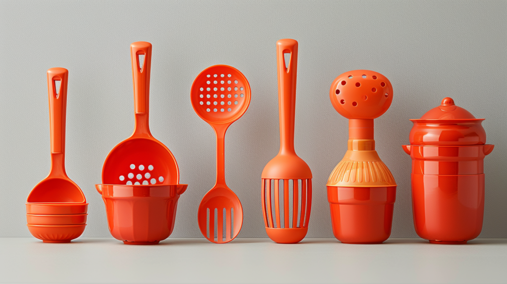 A vibrant display of orange kitchen utensils and measuring spoons is showcased on a table. The assortment includes a red plastic strainer with a unique hole in the middle, a red pot with a lid, and a cup accompanied by a spoon. The color scheme is predominantly orange with hints of red, gray, and white. Various items such as bottles and vases are also present in the scene. The kitchenware exudes a modern and stylish aesthetic, perfect for a contemporary kitchen setting.