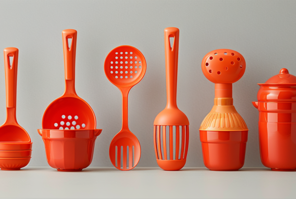 A vibrant display of orange kitchen utensils and measuring spoons is showcased on a table. The assortment includes a red plastic strainer with a unique hole in the middle, a red pot with a lid, and a cup accompanied by a spoon. The color scheme is predominantly orange with hints of red, gray, and white. Various items such as bottles and vases are also present in the scene. The kitchenware exudes a modern and stylish aesthetic, perfect for a contemporary kitchen setting.