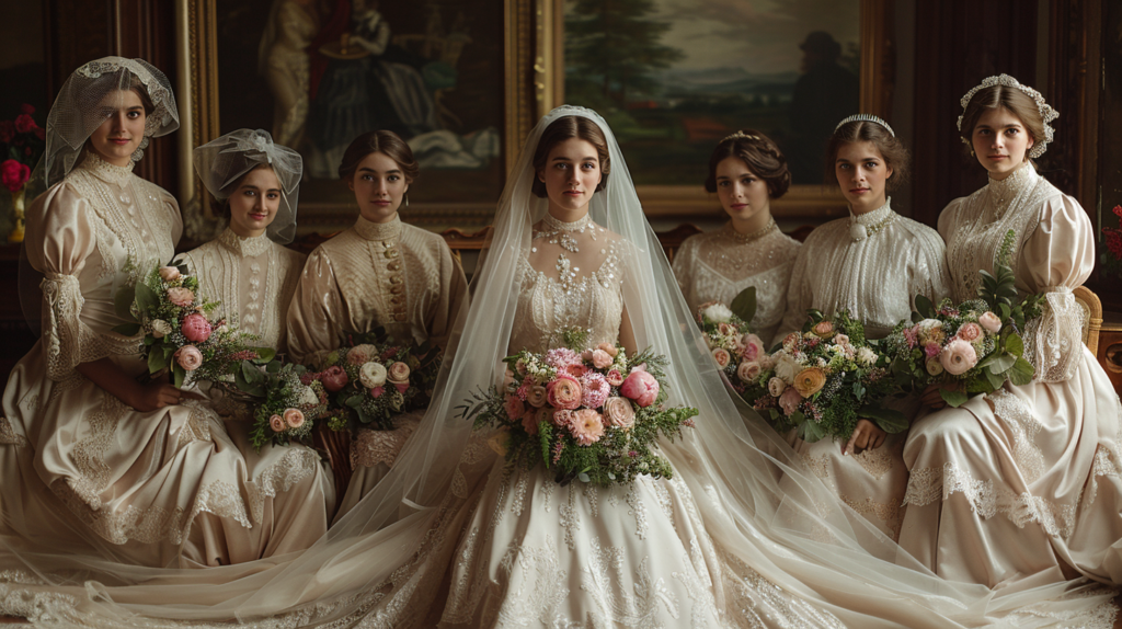 A group of women are gathered in a room, dressed in elegant dresses and veils. The focal point of the image is a bride in a stunning wedding dress, surrounded by her bridesmaids. The bride''s dress is reminiscent of a fairy tale gown, while her bridesmaids complement her in their own beautiful attire. The women are posing for a wedding photo, showcasing the joy and excitement of the special occasion. The room is adorned with flowers and picture frames, adding to the romantic atmosphere. The colors in the image are primarily earthy tones, creating a warm and inviting ambiance.