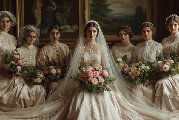 A group of women are gathered in a room, dressed in elegant dresses and veils. The focal point of the image is a bride in a stunning wedding dress, surrounded by her bridesmaids. The bride''s dress is reminiscent of a fairy tale gown, while her bridesmaids complement her in their own beautiful attire. The women are posing for a wedding photo, showcasing the joy and excitement of the special occasion. The room is adorned with flowers and picture frames, adding to the romantic atmosphere. The colors in the image are primarily earthy tones, creating a warm and inviting ambiance.